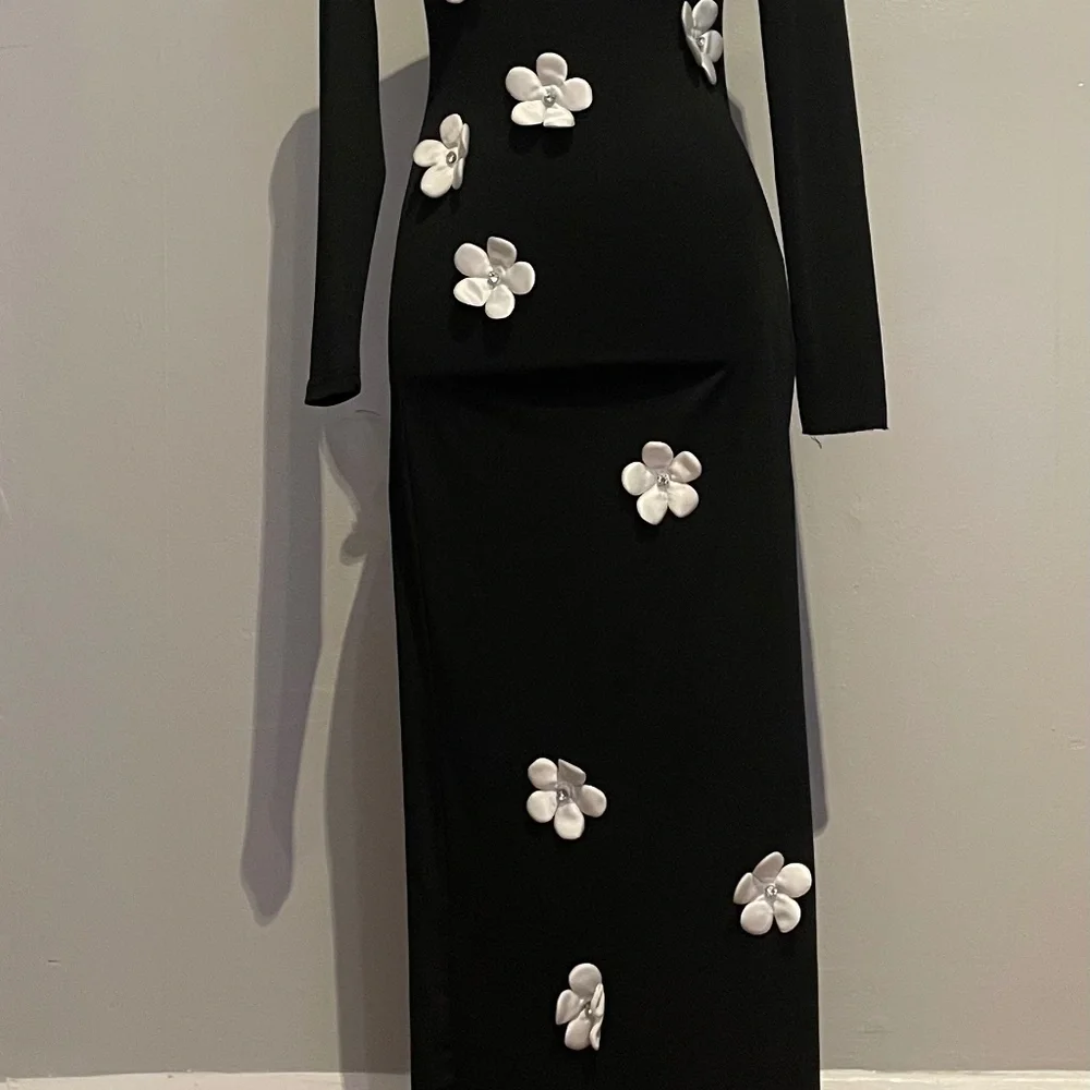 SHEIN White Floral Decor Black Stand Collar Long Sleeve Maxi Dress Size XXS - Picture 7 of 16